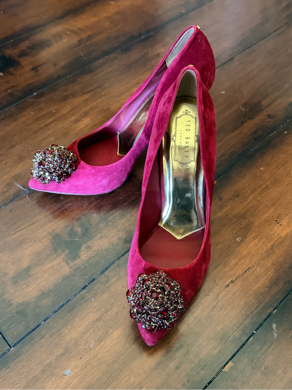 Ted Baker Raspberry Red Velvet Jeweled Pointed-Toe Pumps - Picture 1 of 3